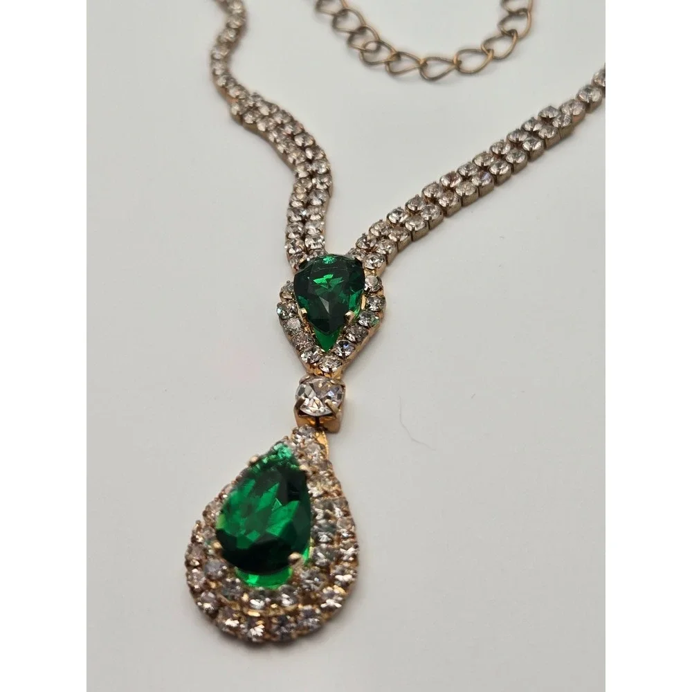 Emerald Green Teardrop‎ Rhinestone Necklace Gold Prom Bridal Pageant Formal Glam